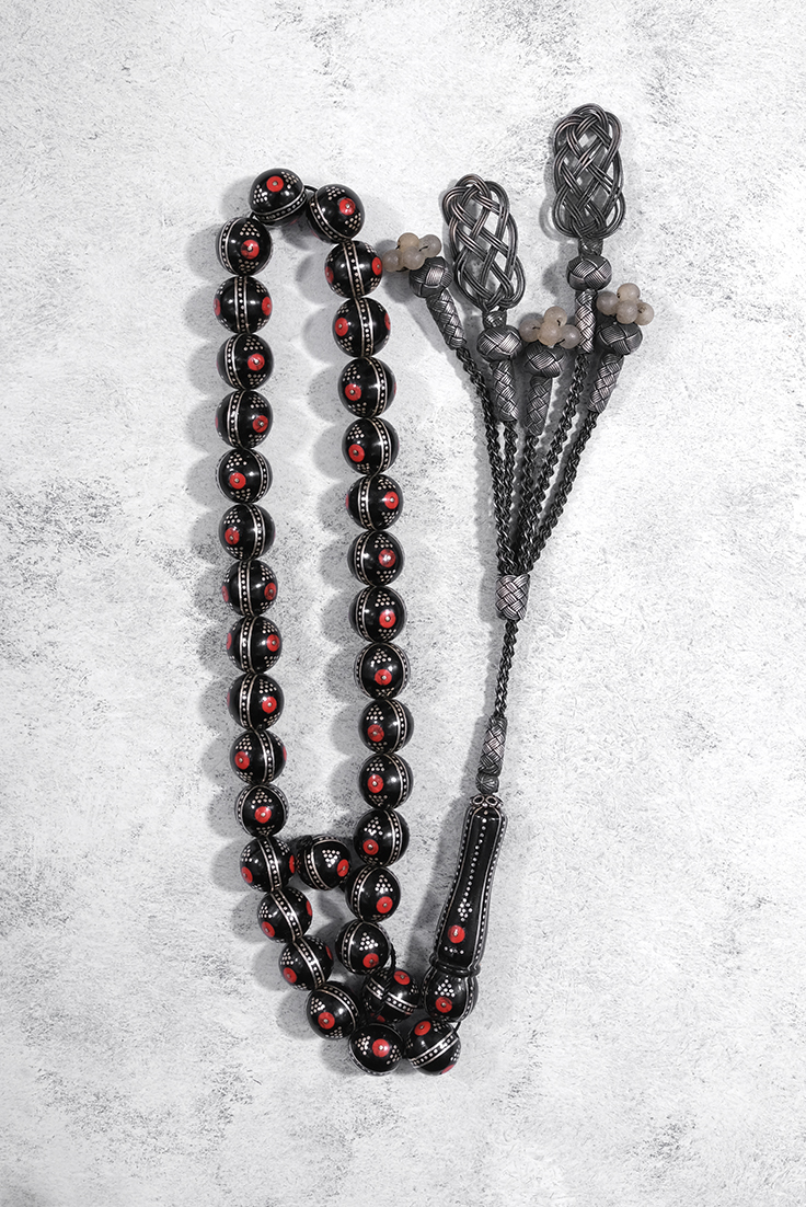 Erzurum Oltu Taşı Gümüş İşlemeli Tesbih