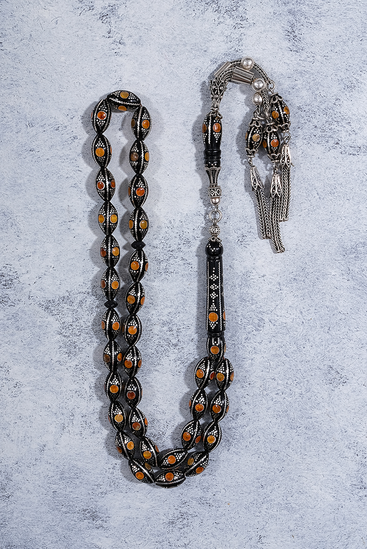 Erzurum Oltu Taşı Gümüş İşlemeli Tesbih